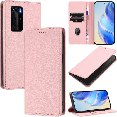 Produktbild von Litchi Leder Handyhülle für Huawei P40 Pro Wallet Kartenfächer Standfunktion Hülle Pink