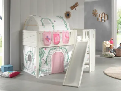 Produktbild von VIPACK - Spielbett SCOTT, LF 90 x 200 cm, mit Rolllattenrost, Rutsche, Leiter und Textilset Vorhang, Tunnel und 3 Taschen "Birdy"