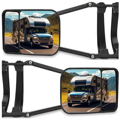 Productafbeelding van 2x Universele spiegels voor caravans, auto's, vrachtwagens en 4x4 voertuigen, met clipbevestiging. Verstelbaar