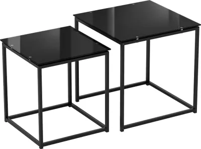 Image de Ensemble de 2 tables d'appoint, table basse avec plateau en verre, table de canapé carrée en acier noir pour le salon
