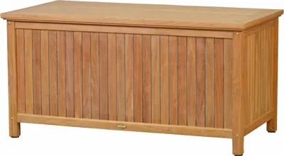 A wooden storage box for cushions or garden items.