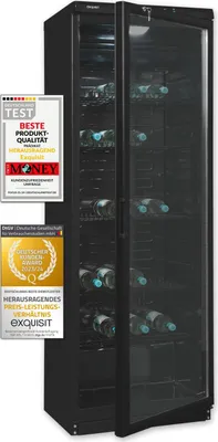 A tall, black wine cooler with a glass door, showing bottles inside. There are two award badges on the left side.