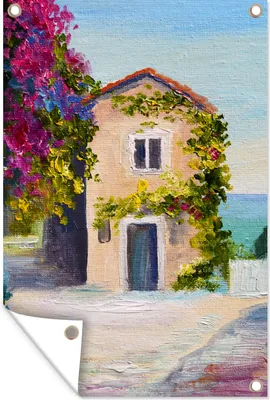Produktbild von MuchoWow® 80x120 cm Outdoor-Poster Gartendeko Sichtschutz Garten Poster für den Garten  Malerei - Haus - Ölfarbe - Dorf