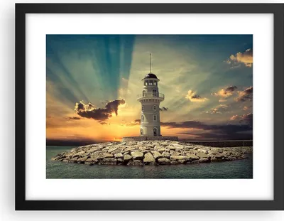 Produktbild von Gerahmtes Poster - Schwarzer Rahmen - Leuchtturm Wasser Meer Steine - 40x30 cm - Wand Bild - Wanddeko - Wandbilder - Wandposter - Bilderrahmen - Bilder - Kunstdruck - Wandbild - P2BAA40x30-2895