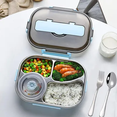 Produktbild von Lunchbox aus 304 Edelstahl,Lunchbox mit 4 Fächern,mit Gabel und Löffel,mit Dessertbecher,1500-ml-Bento-Lunchbox,Brotdose,Warmhaltebox für Essen,Frühstücksbox,zum Wandern/Reisen/Schule/Büro (Blue)