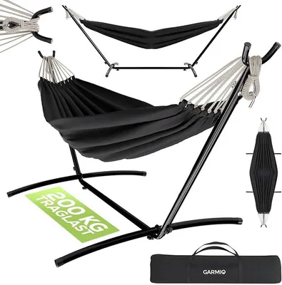 Produktbild von Hängematte anthrazit 270 x 110 x 105 cm, Stahlgestell mit Pulverbeschichtung, 200 kg Tragkraft, klappbar, inkl. Tragetasche & Montageset