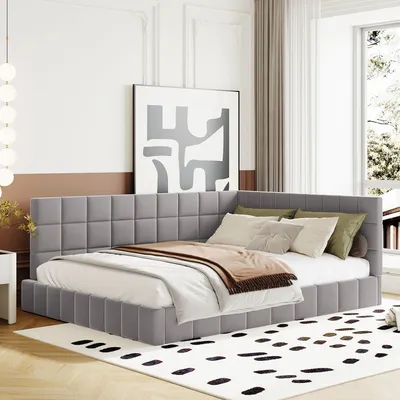 Obrázek produktu pro MODFU čalouněné lůžko rozkládací pohovka 140×200cm s lamelovým roštem a čelem, samet (bez matrace), šedá
