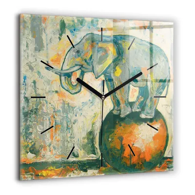 Produktbild von Wallfluent Große Wanduhr – Stilles Quarzuhrwerk - Uhr Dekoration Wohnzimmer Schlafzimmer Küche - Zifferblatt mit Striche - schwarze Zeiger - 60x60 cm - Gemalte Elefantenhaltung