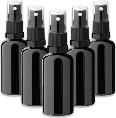 Produktbild von 5x Glasflasche schwarz 50 ml mit schwarzem Zerstäuber Sprükopf Spray