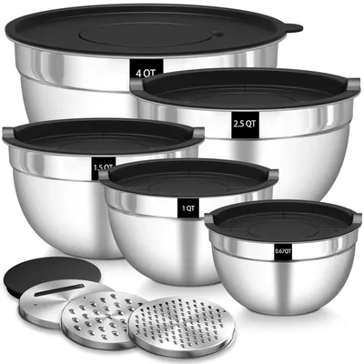Image de Lot de 5 saladiers en acier inoxydable, lot de saladiers avec couvercles hermétiques, 3 râpes, 4,5 l, 2,7 l, 1,6 l, 1,1 l, 0,7 l, empilables et lavables au lave-vaisselle.
