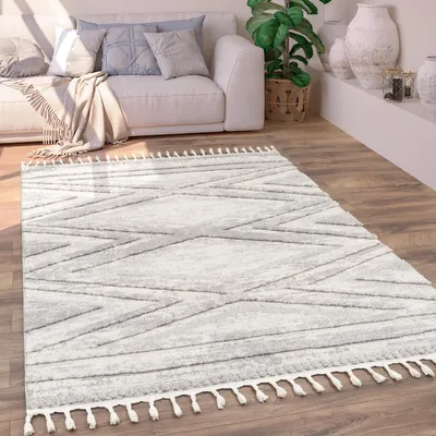Produktbild von Teppich Wohnzimmer Kurzflor Boho Ethno Skandinavisches Rautenmuster 3D Fransen Grösse 200x290 cm