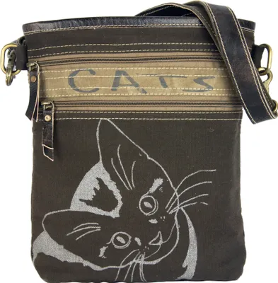 Produktbild von Sunsa Damen Tasche Umhängetasche, Handtasche aus Canvas & Leder. Nachhaltige Produkte, kleine Vintage Stoff Shoulder bag, Schultertasche, Segeltuch Crossbody, Geschenkideen für Frauen, Katzenmotiv