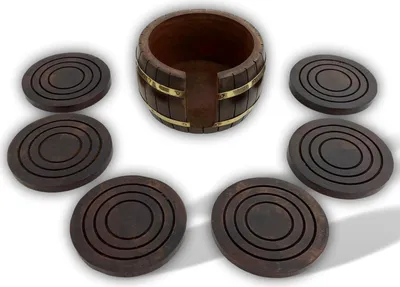 Produktbild von 6x Untersetzer in Box Holz Messing Fass Weinfass Holzuntersetzer Antik-Stil
