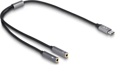 Produktbild von Delock Headset Adapter USB Type-C Stecker DAC 24 Bit / 96 kHz Hi-Res zu 2 x 3,5 mm 3 Pin Klinkenbuchse