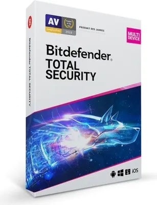 A product box for Bitdefender Total Security software.