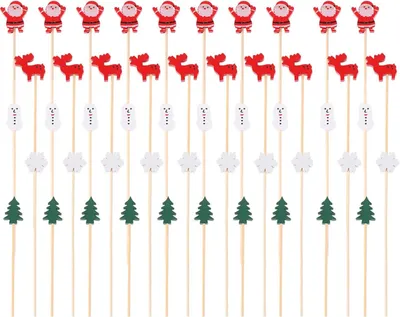 Imagen del producto de Palillos de dientes de madera - 100 unidades - Palillos para cócteles navideños - Palillos de dientes - Árbol de Navidad de madera - Reno rojo - Mini decoraciones