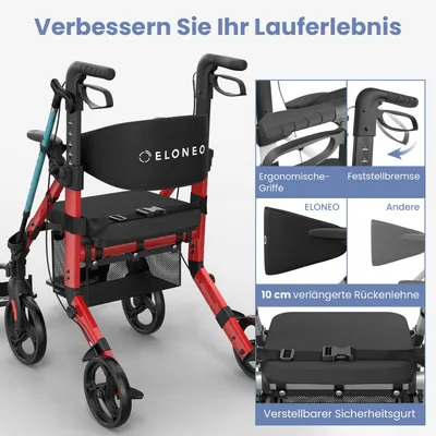 Produktbild von ELONEO 2in1 Rollstuhl Rollator faltbar und leicht mit Sitz, Outdoor Rollator Rollstuhl faltbar, Aluminium Gehhilfe für Senioren - Rot