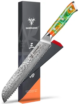Brotmesser 20 cm, Damaststahl, gezahnt, Harzgriff, geschmiedet