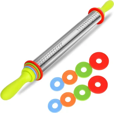 Produktbild von Teigrolle mit Handgriff - einstellbar - 4 Abstandshalter - Teigdicke - Antihaftbeschichtung - BPA-frei - Backzubehör - 35 cm - Edelstahl