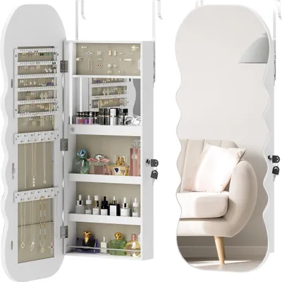 Image de Armoire à bijoux avec miroir - Montage mural ou sur porte - LED en 3 couleurs - Verrouillable - Miroir pleine longueur - Design ondulé - 108 × 42 × 10,5 cm - Blanc