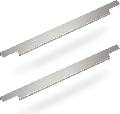 Two brushed aluminum cabinet handles are shown diagonally against a white background.