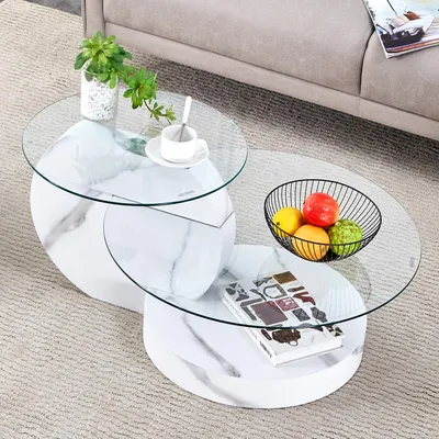 Produktbild von MODFU Moderner Couchtisch,Sofatisch mit zwei Ebenen aus Sicherheitsglas,Bietet reichlich Stauraum,Kaffeetisch,für kleine Wohnungen,Weiß