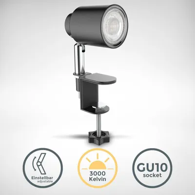 Zdjęcie produktu dla Lampka do czytania LED z zaciskiem Lampka nocna z zaciskiem, czarna, obrotowa GU10 mini lampka
