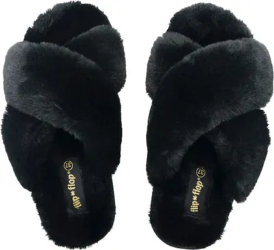 Produktbild von Damen Flip Flop Cross Fellpantoffeln schwarz mit gekreuzten Riemen 36