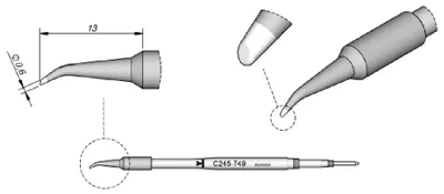 Obrázok produktu pre JBC spájkovací hrot série C245, okrúhly tvar, C245749/Ø 0,6 mm, zahnutý C245749