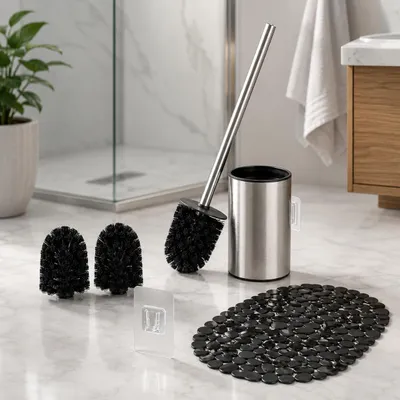 Image de Ensemble de salle de bains à fixation murale (2 pièces) – Brosse de WC en acier inoxydable et tapis de bain antidérapant en pierre