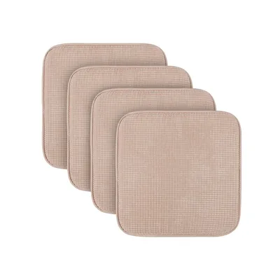 Four beige square seat cushions are stacked diagonally on a white background.