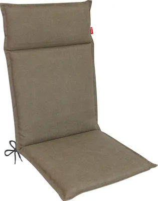 A taupe colored chair cushion on a white background.