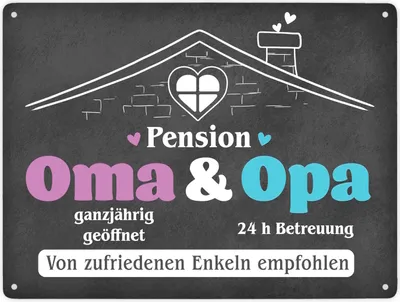 Produktbild von Pension Oma & Opa Metallschild XXL in 28x38 cm mit Spruch Von zufriedenen