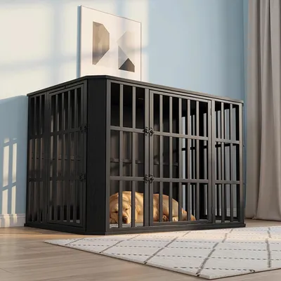 Produktbild von Hundekäfig Möbel, Hundebox Möbel, Mehrtür-Design, Schwarz | Hundebox aus Holz für den Innenbereich mit Futtertür Oben
