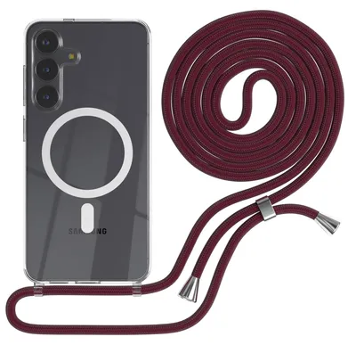 Produktbild von EAZY CASE - Handykette kompatibel mit Samsung Galaxy S25 FE, Kette zum Umhängen, Handyhülle stoßfest, Silikonhülle mit Band, Transparente Hülle, Band in Rot