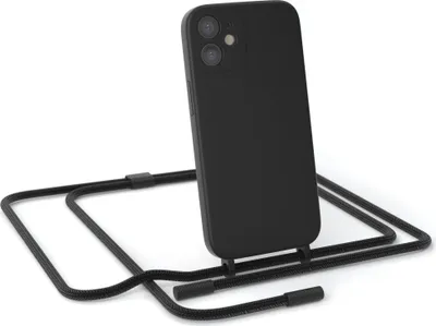 Produktbild von EAZY CASE Handykette Silikon Premium kompatibel mit Apple iPhone 12 Mini Handyhülle mit Umhängeband, Handykordel mit Schutzhülle, Silikonhülle, Hülle mit Band, Schwarz