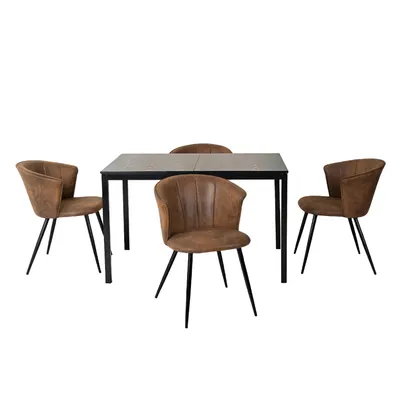 Image de Meubles Cosy Schwarzes, ensemble de salle à manger extensible avec 4 fauteuils en similicuir, style scandinave