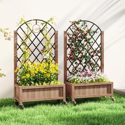 Produktbild von SUGIFT Blumenkasten Pflanzkübel, Hochbeet mit Rankgitter 2er Set, Holz Spalier rollbar, Braun  |  Tannenholz  |  2 feststellbare Rollen  |  52 x 25 x 97 cm