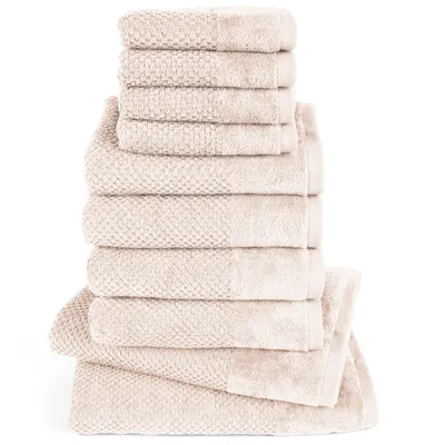 Produktbild von Pure Label 10-TLG Handtücher Set mit Aufhängeschlaufen aus Baumwolle - 2x Badetuch 70x140 cm 4x Handtuch 50x100 cm 4x Gästetuch 30x50 cm, Creme