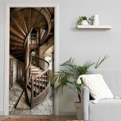 Produktbild von Türtapete selbstklebend | 200 x 90 cm Alte Wendeltreppe Holztreppe | Tür Aufkleber Poster Türfolie | Einteilig | Wasserfest 3D Türaufkleber Klebefolie Wandtattoo
