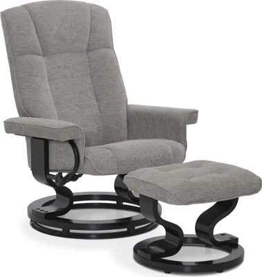 A gray fabric recliner chair with a matching ottoman, shown on a white background.