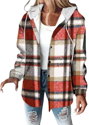 Produktbild von ASKSA Damen Winterjacke Karierte Hemdjacke Wolljacke Fleece Gefuettert Warme Kapuzenjacke Laessige Knopfleiste Jacke Mantel mit Taschen (Rot,S)