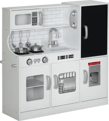 A white toy kitchen with black refrigerator and silver accents.