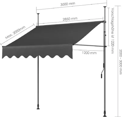 Obrázek produktu pro Markýza na balkon a terasu - Výsuvná upínací markýza - 300 x 120 cm - Ochrana proti slunečnímu záření UV50+ - Ruční klika, bez vrtání - Polyester potaženýPolyuretan- Hliníkový rám - Šedá barva
