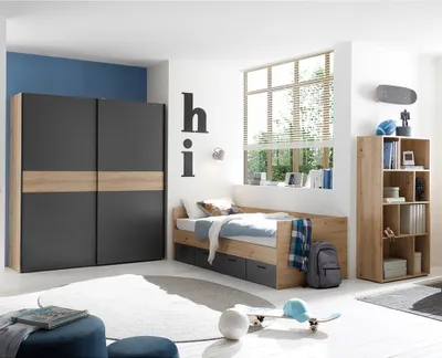 Produktbild von Jugendzimmer Set 3-teilig in Eiche mit graphit, Schiebetürenschrank & Kojenbett - LESINA-78