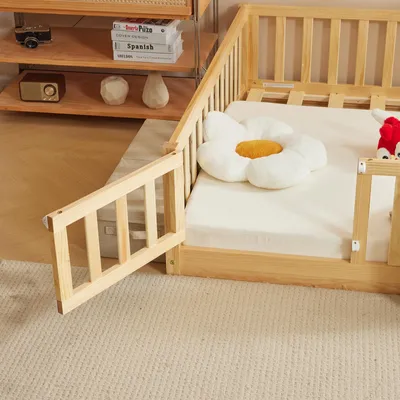 Produktbild von FCH Kinderbett mit Rausfallschutz & Lattenrost, 90x200cm, Montessori Bodenbett mit seitlichem Ausstieg, Einzelbett für Jugendzimmer, Naturbelassen