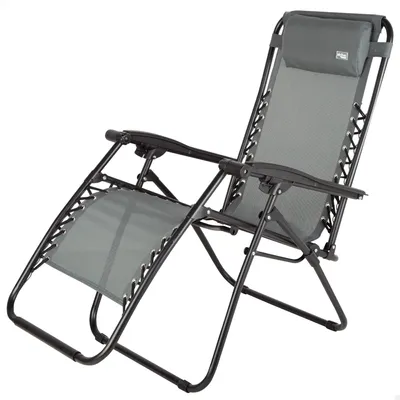 Imagen del producto de Silla reclinable con cojín y reposapiés, color gris, de acero y tela, con capacidad de hasta 110 kg, ideal para camping y jardín