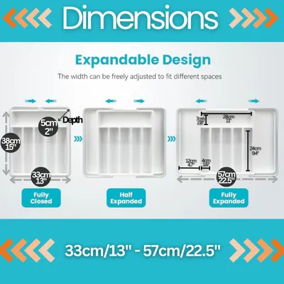 Imagen del producto de Organizador de cubiertos, extensible de 33 a 57 cm de ancho por 38 cm de profundidad, con 8 compartimentos, para la cocina