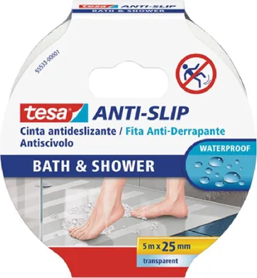 Zdjęcie produktu dla TESA Anti slip bath & shower 5mx25mm, Antypoślizgowy pasek do kąpieli, Dorośli, Przezroczysty, PCW, 5000 mm, 25 mm