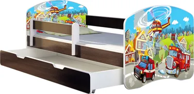 Produktbild von ACMA Jugendbett Kinderbett Junior-Bett Komplett-Set mit Matratze Lattenrost und Rausfallschutz Wenge 36 Feuerwehr 140x70 + Bettkasten